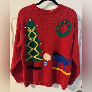Vintage 80’s Red Ugly Christmas Knit Jeweled Sweater Grannycore Sz L 90’s Fun